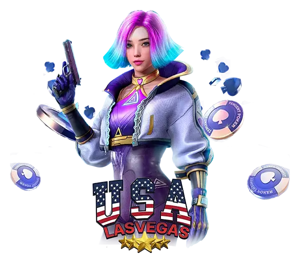 USALASVEGAS เกมสล็อตออนไลน์ธีมไซเบอร์ ภาพตัวละครผู้หญิงผมสีม่วงพร้อมเอฟเฟกต์เกม ลุ้นโบนัสใหญ่ เล่นสนุกได้ตลอด 24 ชั่วโมง